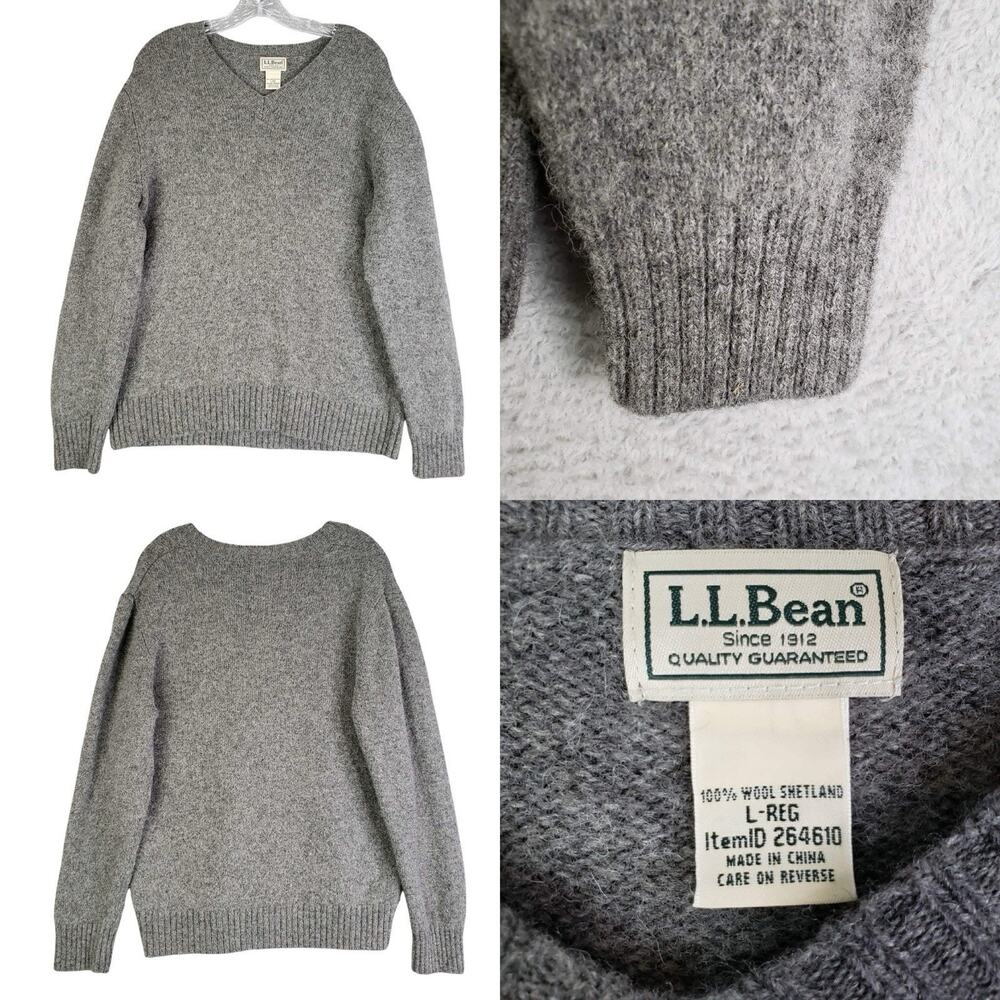 LL Bean Sweater Pullover Men’s Size Large M/L Gray Shetland Wool Long Sleeve